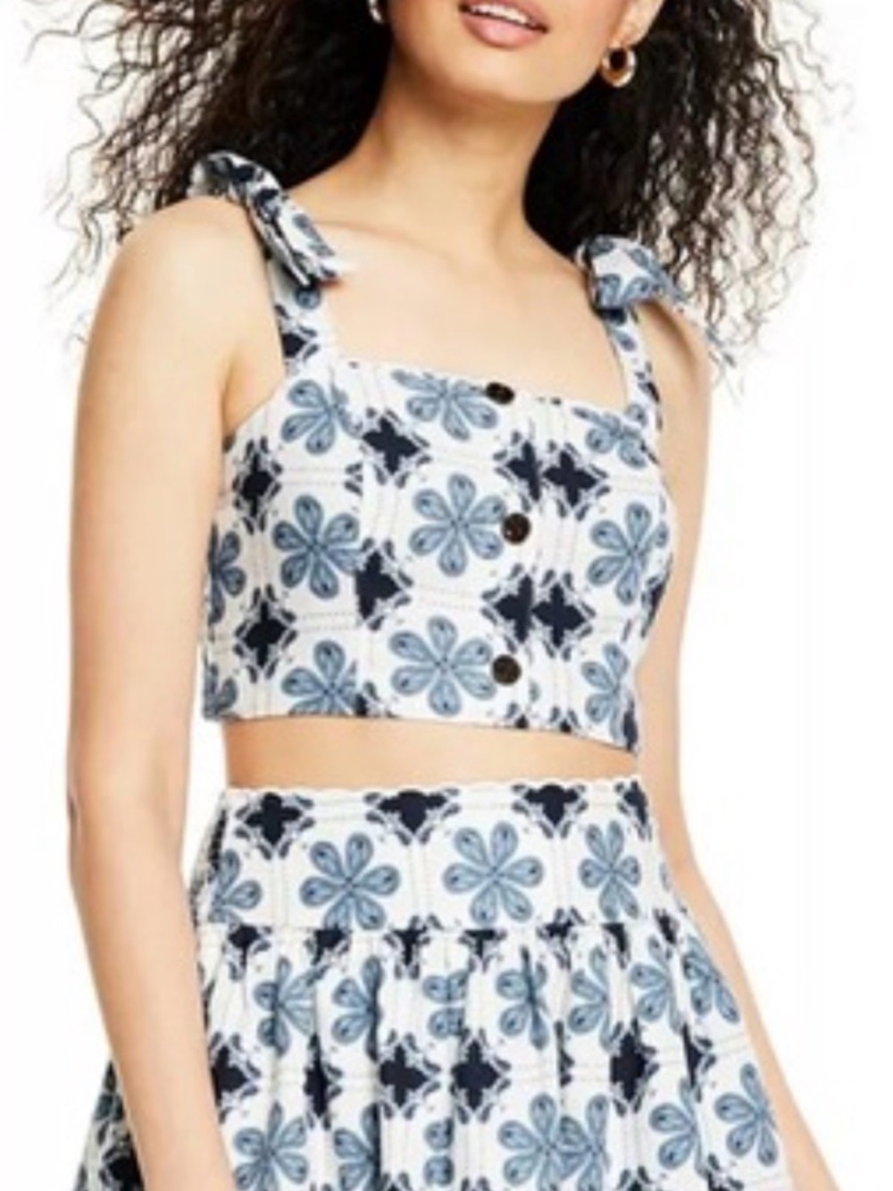Agua Bendita White Crop Top with Blue Floral Print and Tie Straps